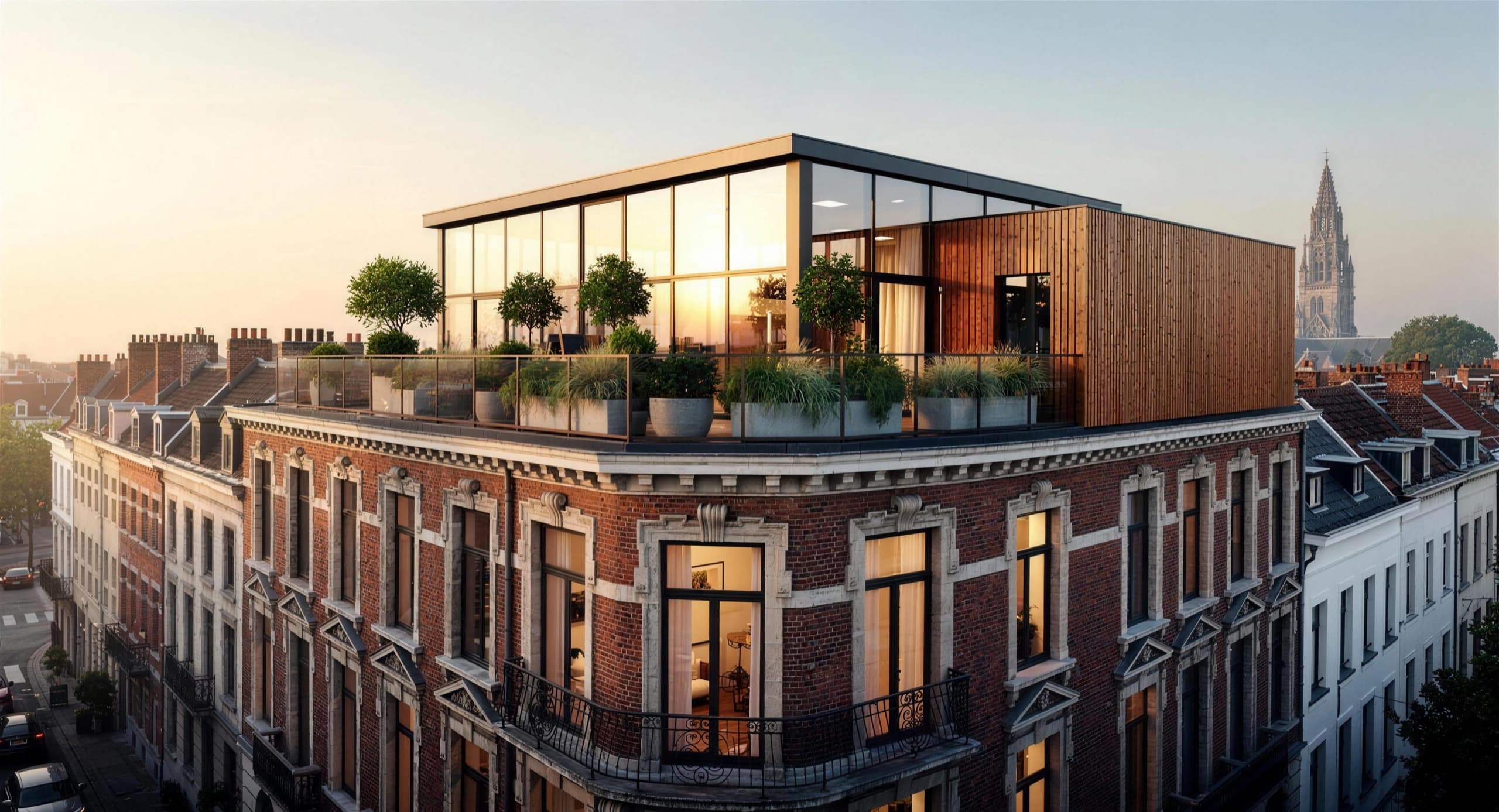 Moderne optopping op een Antwerps gebouw bij gouden uur